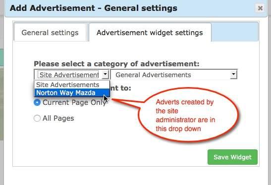 Select the Advertisement Settings tab. Adverts created by a play-cricket sub site will appear in the Site Advertisements dropdown.