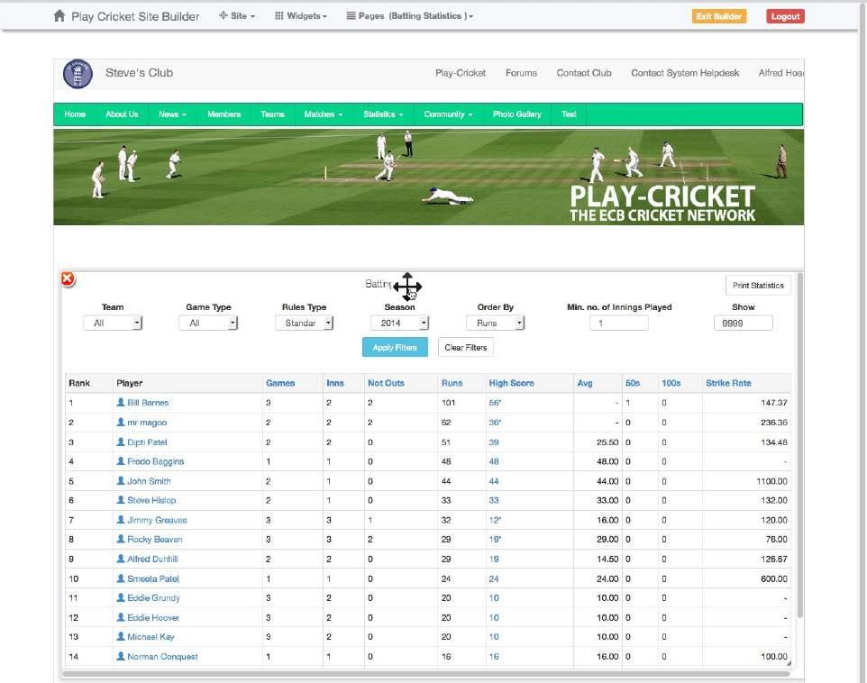 Click anywhere on the Batting Stats widget to open it. The example on the following page illustrates the default settings for the Batting Statistics widget.