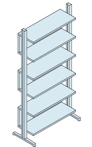 Extruded aluminum frame supports three C-shaped shelves. Shelves are 1" thick.