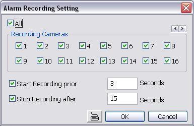 4.9.5 To Setup Alarm Recording Setting: 1. Next to the Start Recording check box, click Detail. 2. In the Alarm Recording Setting dialog box, select the camera to enable/disable video recording.