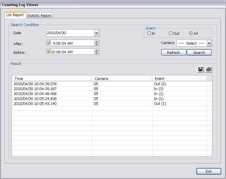 3.2.1.2 Using Counting Log Viewer Click Counting Log Viewer button on Event Log Viewer window to search and view the list and statistic report of object counting.