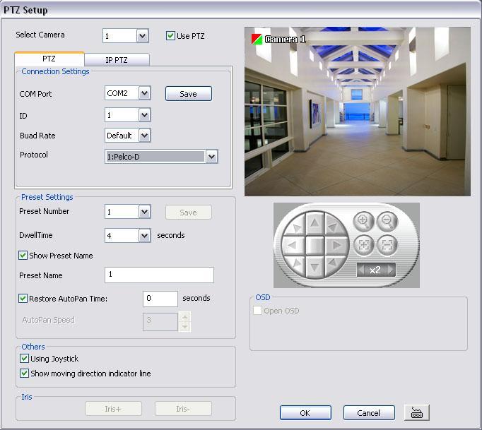 3.7 To Setup the PTZ/IP PTZ Camera 3.7.1 Setup the PTZ Camera 1. In the PTZ control panel, click Setup. 2. When the PTZ Setup dialog box appears, select the camera number and check the Use PTZ box.