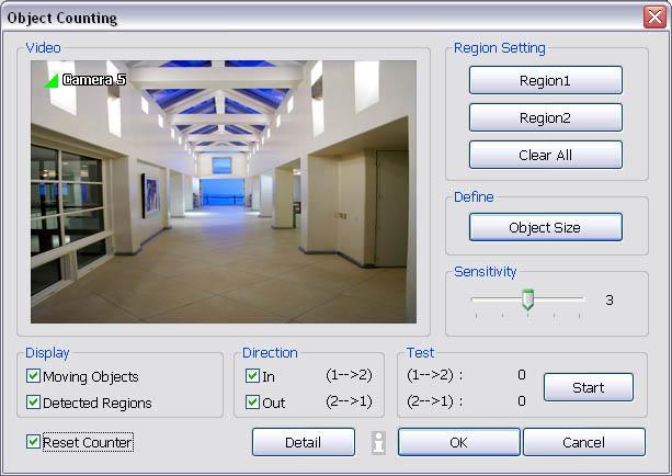 4.2.1 Setup the Object Counting i The DVR system only supports 2 channels on object counting. 1. Click Detail to enter the object counting setup window. 2. Enable Detected Regions in Display section.