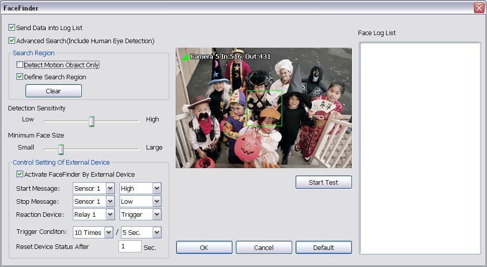 4.2.2 To Setup the FaceFinder To setup the human face detection and capturing from live video for security issue. Click Detail to enter the FaceFinder setup window.