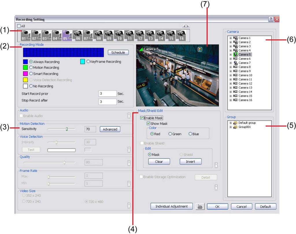 4.3.2 IP Camera In the Recording dialog box, click OK to accept the new settings, click Cancel to exit without saving, and click Default to revert back to original factory setting.