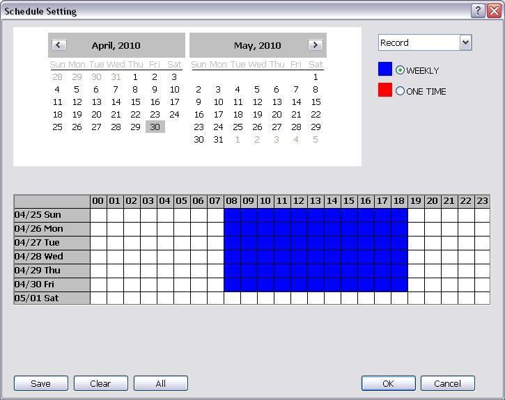 4.5 Schedule Setting Schedule to record, backup, enable network, reboot and disable alarm of all the cameras either weekly or one time. The number from 00 to 23 represent the time in 24-hour clock.