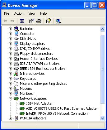 Device Manager. In the Network adapters group, ASIX AX88772 USB2.0 to Fast Ethernet Adapter should be displayed.