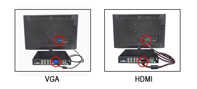 Connect a display device to the DVR (VGA/HDMI cable not included in the package) A) Prepare the DVR, cameras, 5-way/9-way power splitter, BNC cables and the power adapter(s).