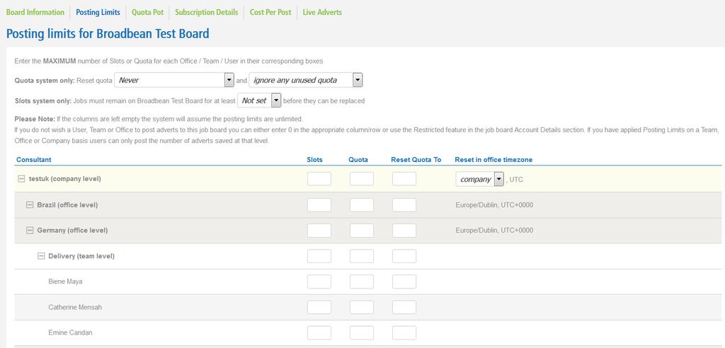 Job Boards Posting Limits This is the main page used to manage your Slots or Quota with a job board.