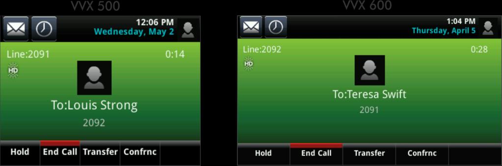 If the phone line has an active call, a green bar displays, as shown in the following VVX 500 example.