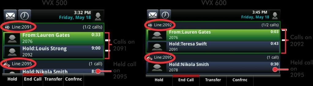 A flashing red bar indicates a line with one or more held calls. In the example on the left, line 2091 has two calls (one active, one held), and line 2095 has one held call.