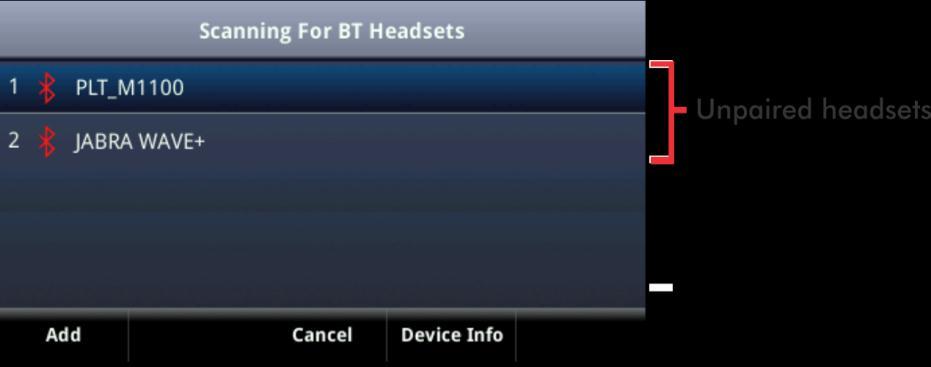 A list of all paired and connected headsets displays, as shown next. The icon next to each headset indicates headset status: Bluetooth icon indicates that the headset is paired but not connected.