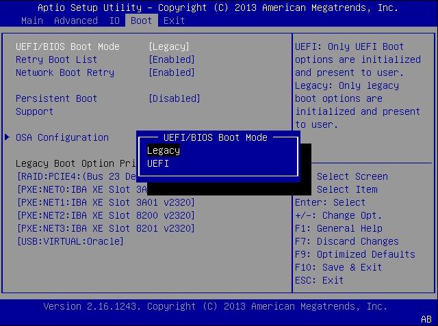 Select UEFI Boot Mode or Legacy BIOS Boot Mode (BIOS) Navigate to the Boot menu. The UEFI/BIOS Boot Mode property displays the current boot mode. 3. In the Boot menu, select UEFI/BIOS Boot Mode.