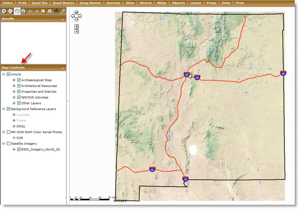 The NMCRIS Map Service application will appear zoomed to the scale of the entire state of New Mexico. The arrow here shows the layers that appear by default.