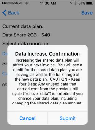 ios: Increase Data Bucket To access the Increase Data Bucket function, from the main screen, tap More located at the bottom of the screen. Tap on Increase Data Plan.
