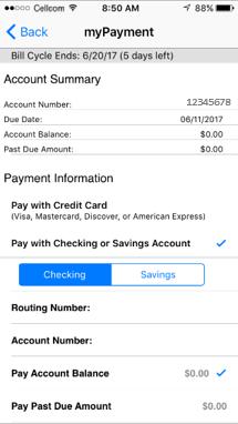 To make a payment with checking or savings account, from the mypayment screen tap Pay with Checking or Savings Account.