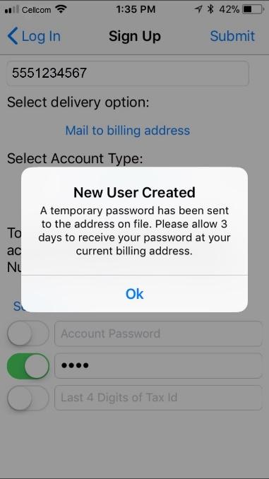 5. A pop-up will appear saying a temporary password has either been sent to the given number or that the password has been mailed to your current address.