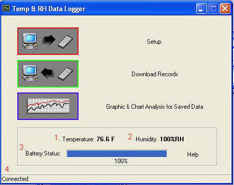 Temperature/Rh Datalogger is now connected to the PC.