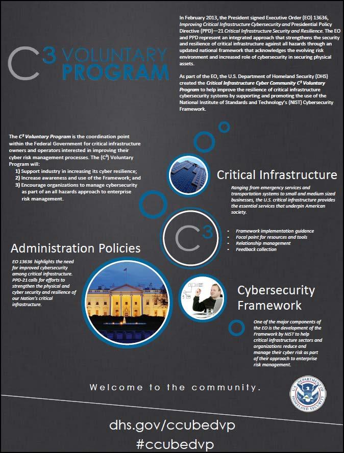 C-Cubed Voluntary Program Public/private partnership aligning business enterprises and government to resources that will assist their efforts in using the NIST Voluntary Framework Assists with