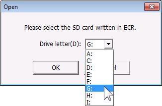 4. Select the drive in which the SD/SDHC card is installed, and then click [OK]. * Click [Cancel] to close the Open dialog box.