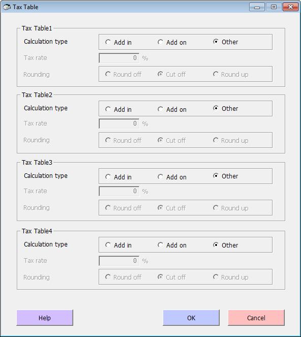 5.10 <Tax Table> The <Tax Table> menu edits the settings for tax tables 1-4. 5.10.1 Tax table settings 1. Click <Tax Table> on the Menu screen. The Tax Table screen is displayed. 2.