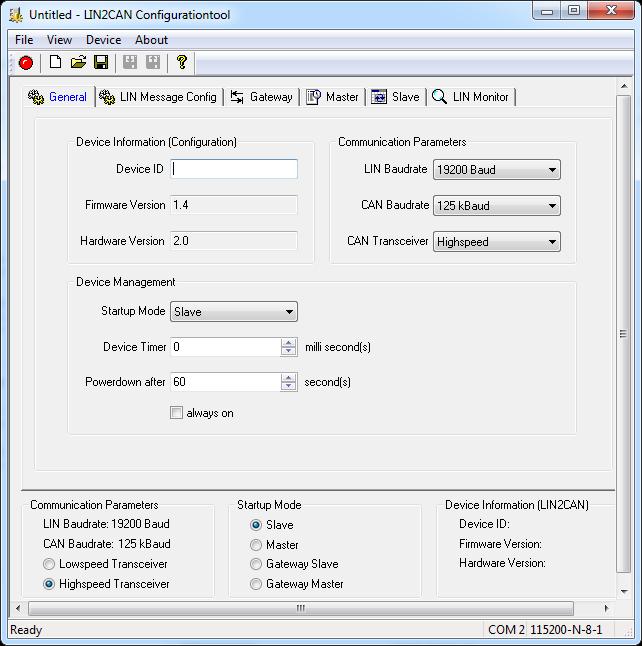 Configuration of the Operating Modes 5 Configuration of the Operating Modes The following section describes the configuration of the device with the LIN2CAN Configuration Tool. 5.1 Overview The Configuration Tool is divided into six tabs.