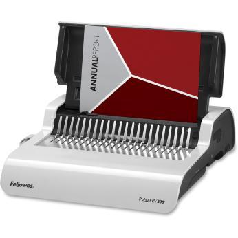 Machine manually punches up to 15 sheets at a time and binds up to 150 sheets with a ¾" comb.