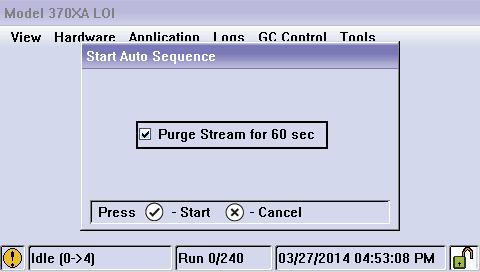 From the main menu, navigate to the GC Control menu and select Single Stream.. Select the 4-Cal stream and check the Purge Stream for 60 seconds option. 3. Let the GC run for at least 30 minutes.