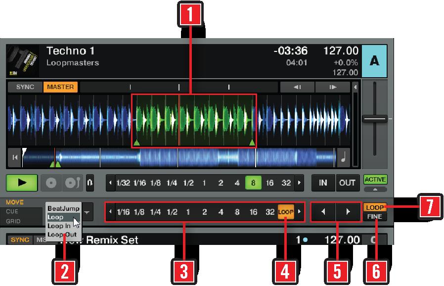 The Decks The Advanced Panel Move Loop Move Loop Mode Advanced Panel. This Move mode allows you to move the whole loop. The active loop (1) is highlighted in green.