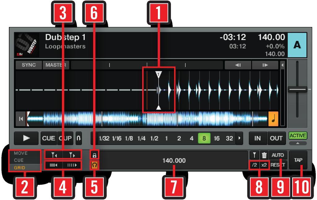 The Decks The Advanced Panel 7.8.6 Beatgrid Panel (GRID) The Beatgrid is the foundation for setting perfect loops.