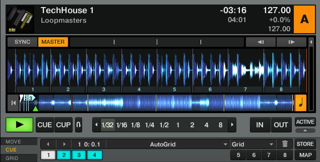 The Decks Freeze Mode and Slicer Mode mode is engaged using the TRAKTOR KONTROL S8 eight Slices will be created to match the eight pads on the controller.