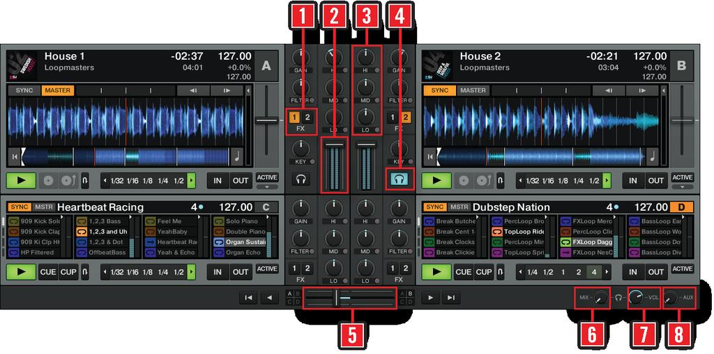 The User Interface (Overview) Interface Elements 5.2.5 Mixer The Mixer in TRAKTOR. The Mixer is sitting in the center of your TRAKTOR window.