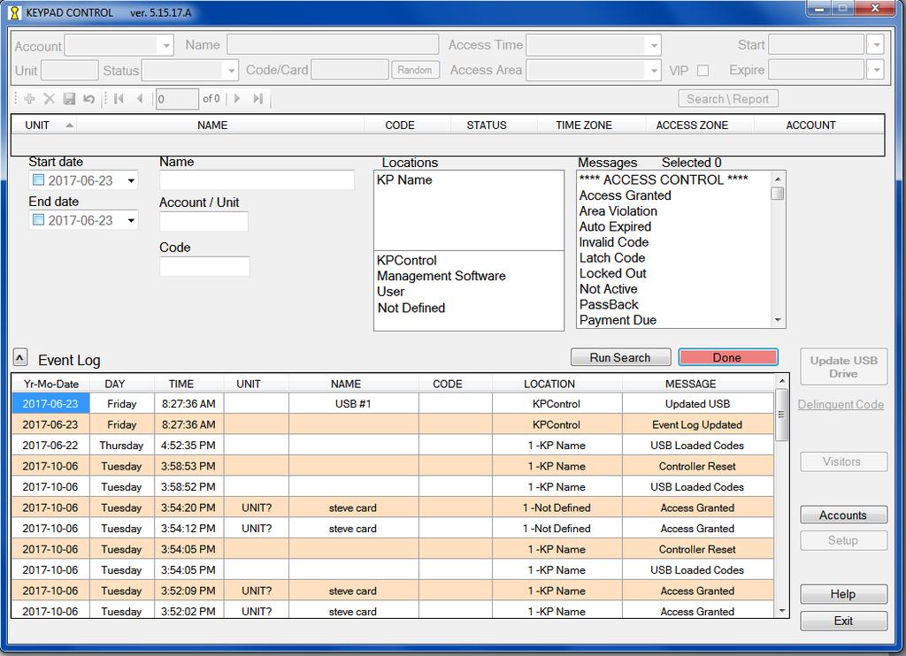 Transaction Log: Below the tenant list grid is the activity list grid, is the tenant activity information taken from the keypad. Search\Report: There are two Search\Report buttons on the main screen.