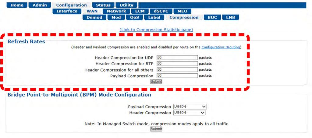 Appendix H Revision 3 H.2.3 Configure Header and Payload Compression Refres h R ates Use the Configuration WAN Compression page (Figure H-3) to define the Header and Payload Compression Refresh Rates.