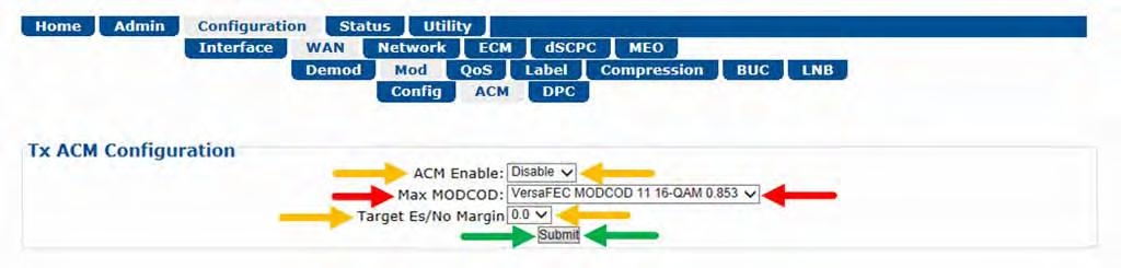 In the Tx Dynamic Power Control (DPC) Configuration section of the CDM-840 HTTP Interface Configuration WAN Mod DPC page, use your network