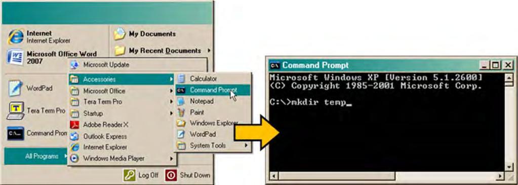 For any Windows OS versions later than Windows 98 Type cmd or command.