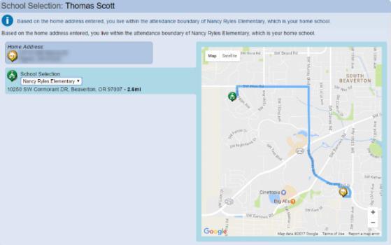 Once the school is selected, the school s address along with the route from your home address to your child s school will display.