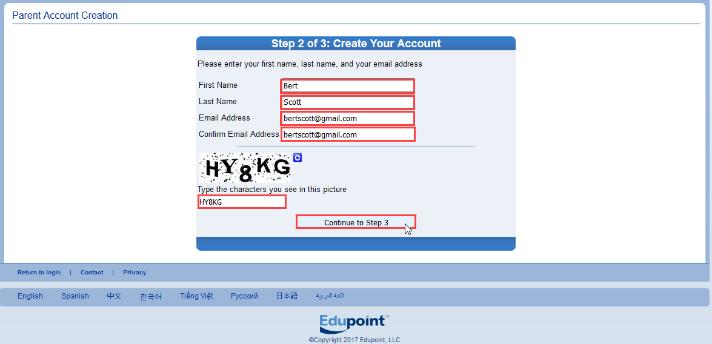 Step 2 of 3 Parent Account Enter your first name, last name and your email address in the appropriate fields.
