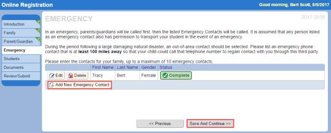 Add More Emergency Contact Click Add New Emergency Contact to add an additional contact.