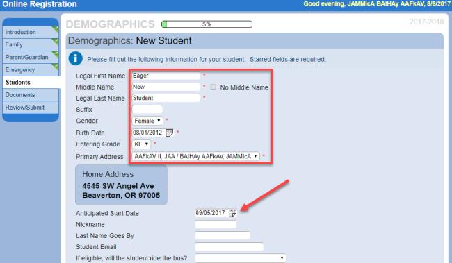 Student Demographic Info Enter all required fields (marked with a red asterisk).