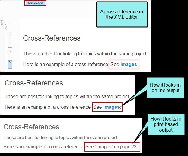 Cross-References A cross-reference is a navigation link that lets you connect text in one topic to another topic (or a bookmark within a topic). This is somewhat similar to a text hyperlink.