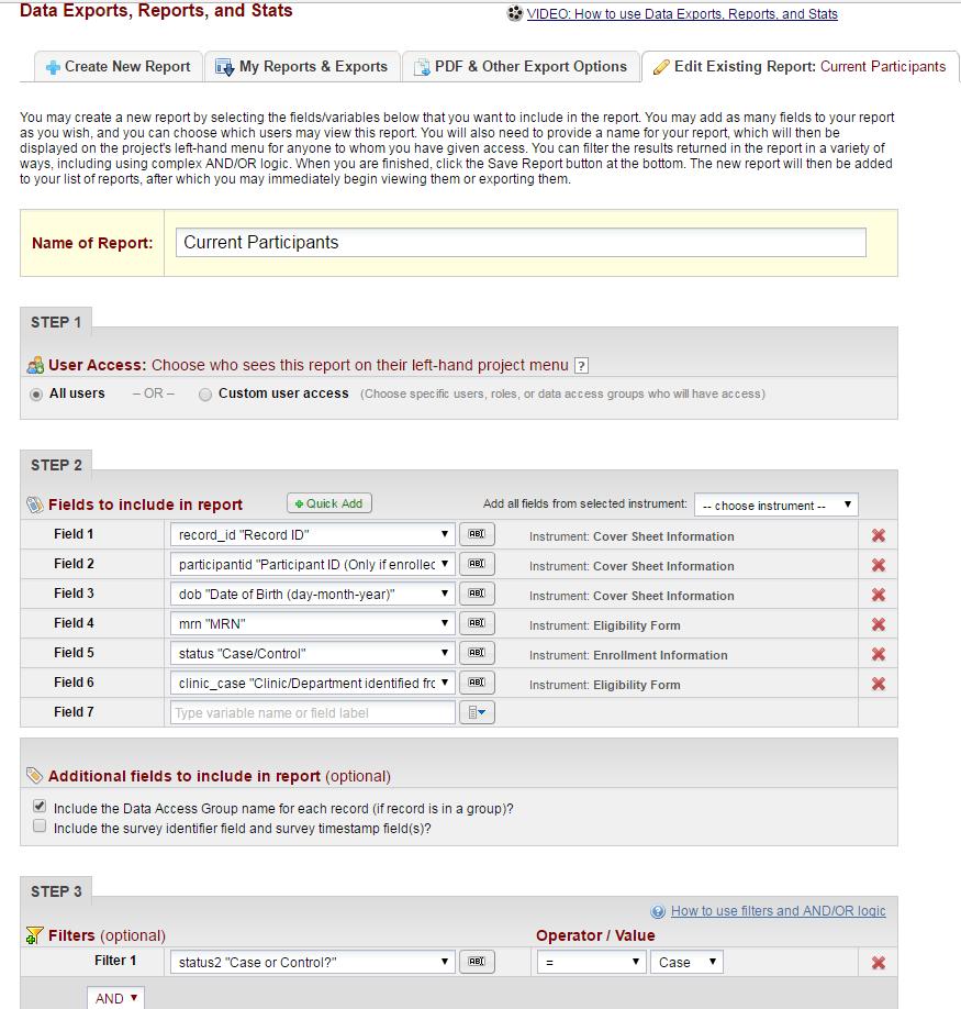 An example of customizing and then displaying a customized report are displayed below where the fields: Record Id, Participant ID,