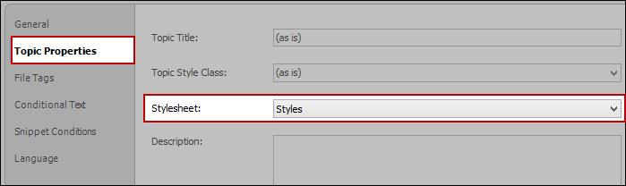 Alternatively, you can associate stylesheets with individual topics and master pages. Use this option if you have multiple stylesheets for your output.