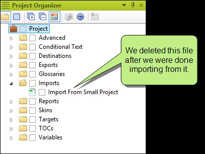 Finally, after all of the files were imported, we closed the Project Import Editor, opened the Project Organizer, and deleted the import file. We did this for a few reasons.