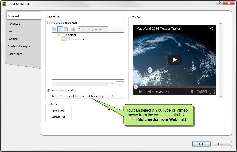 When you insert an embedded YouTube or Vimeo video from the Insert Multimedia dialog, you now have the option to add the video from the Web, as opposed to adding