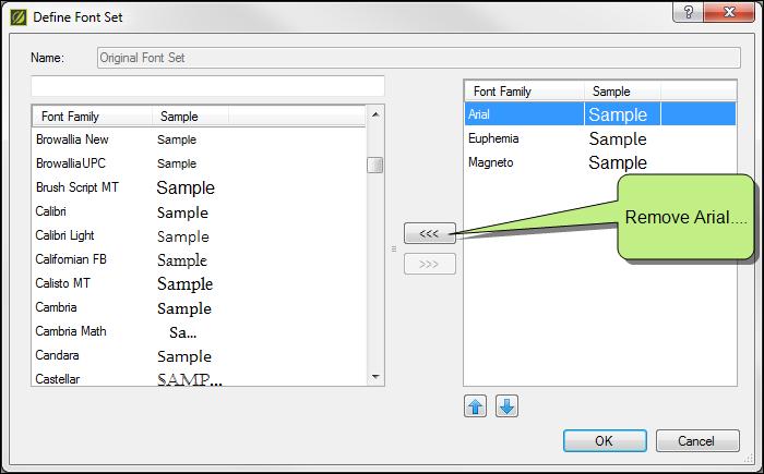In the Define Font Set dialog, edit the fonts in the set.
