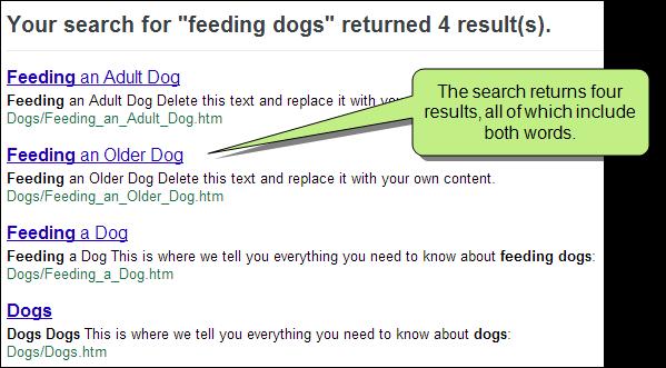 Now, searching for feeding dogs returns topics that include both of these