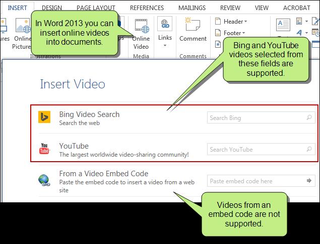 VIDEOS IMPORTED If you import a Word document that contains a direct link to a video, it is now brought into the Flare project. Previously, Flare did not support videos in Word documents.