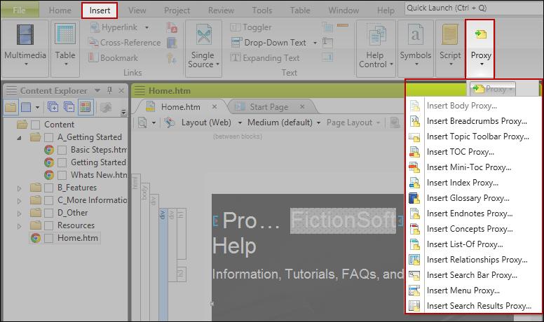 You can add a proxy by clicking in the content file where you want it to be placed. Then from the Insert ribbon, select Proxy>Insert [Name of Proxy].