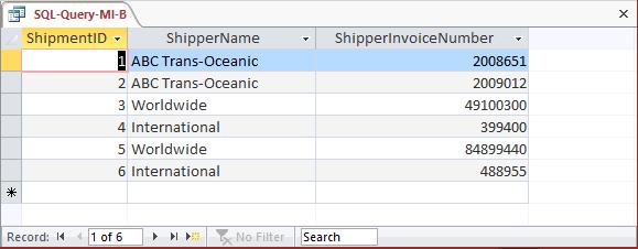 /* *** SQL-Query-MI-B *** */ ShipmentID, ShipperName, ShipperInvoiceNumber SHIPMENT; C.